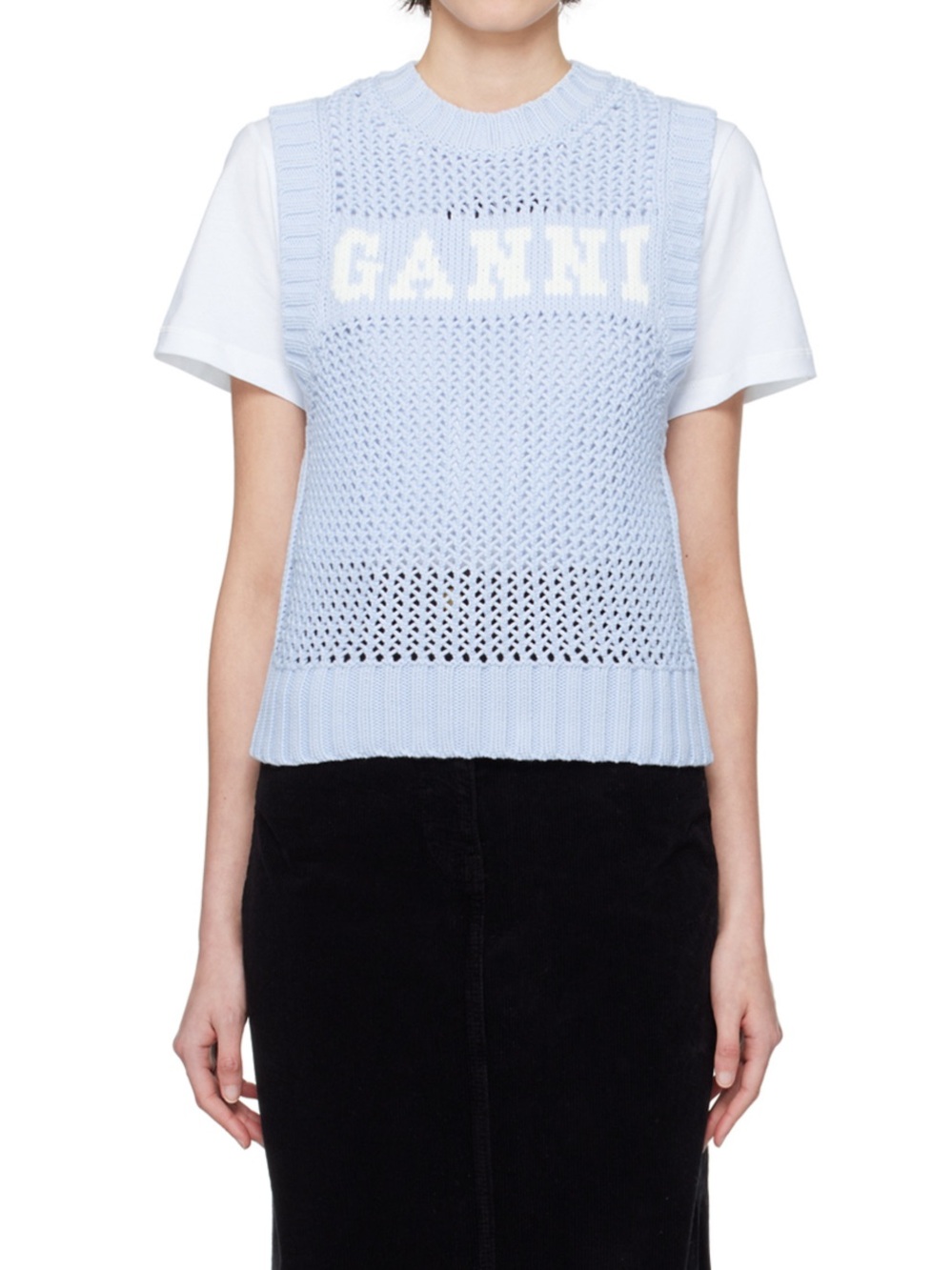 Ganni Light Blue Open-Knit Logo Vest with Cream